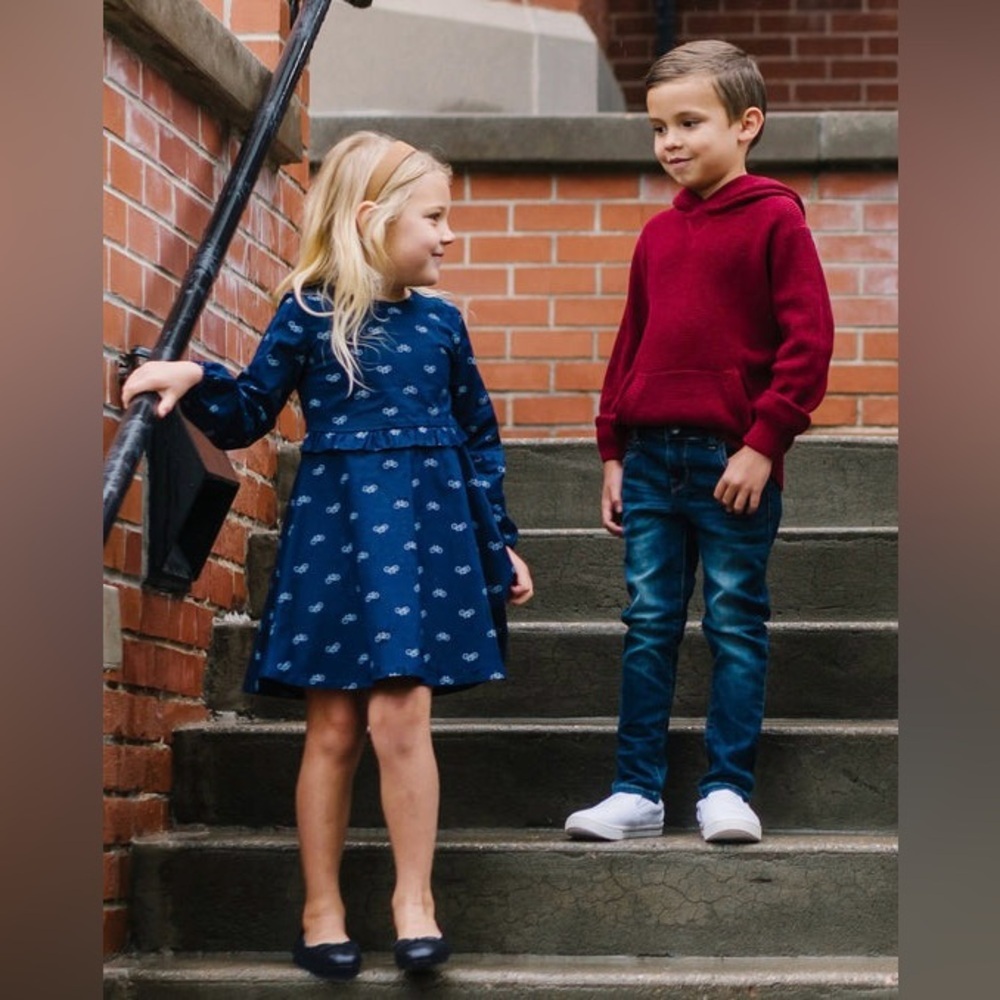 Hope & Henry | Ruffle Waist Bicycle Print Organic Cotton Dress Navy Blue 18-24m